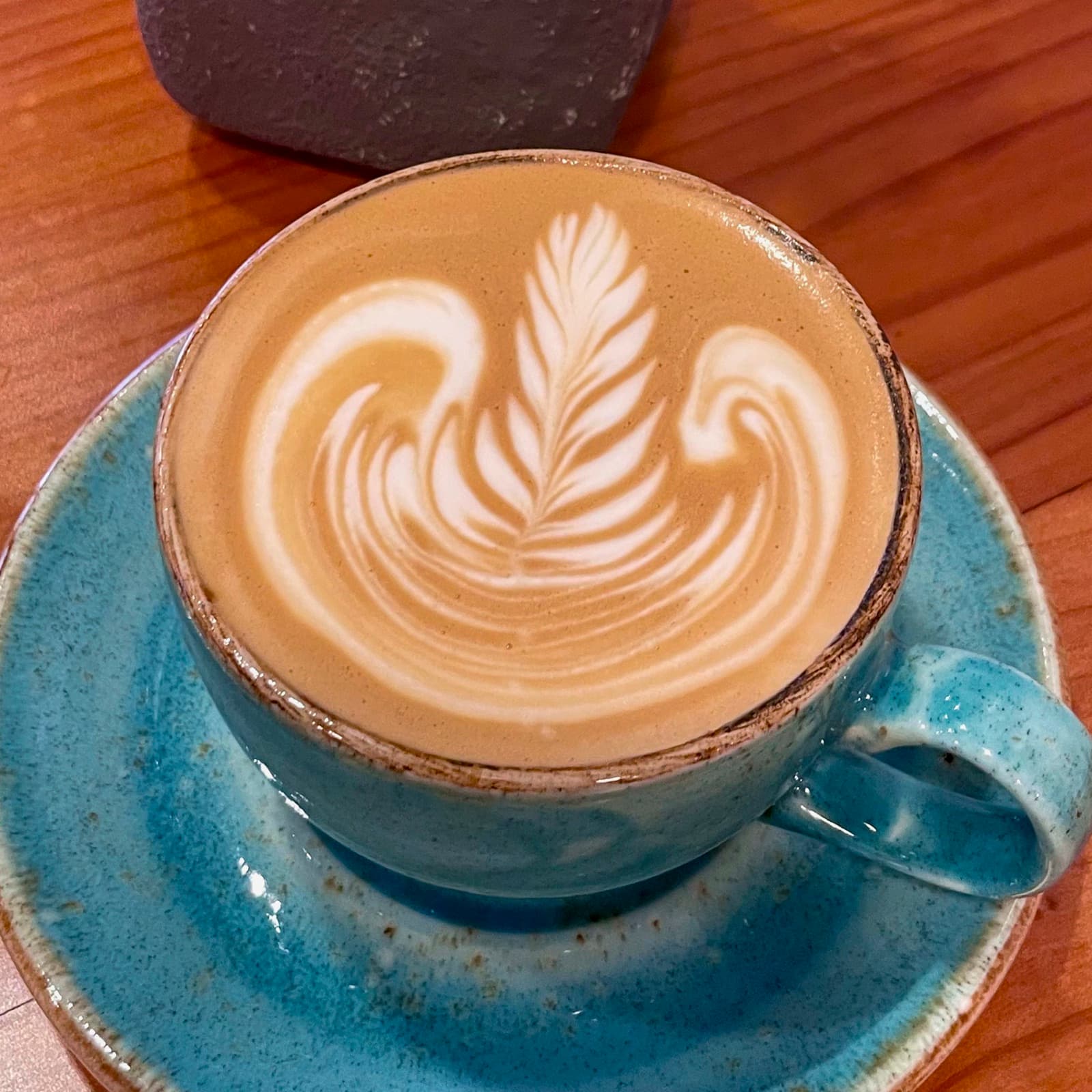 Latte in a teal Plucky’s cup